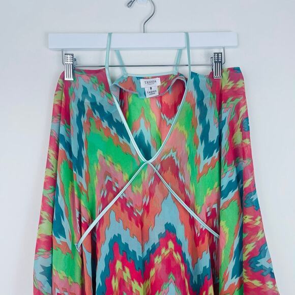 Tashia London colorful tie waist asymmetrical blouse size US 4 - Picture 2 of 6